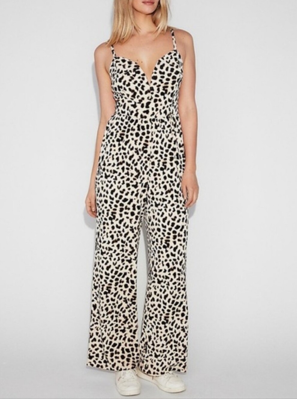 Women's Stretchy Express Animal Cheetah Print V Wire Neck Wide-Leg Jumpsuit